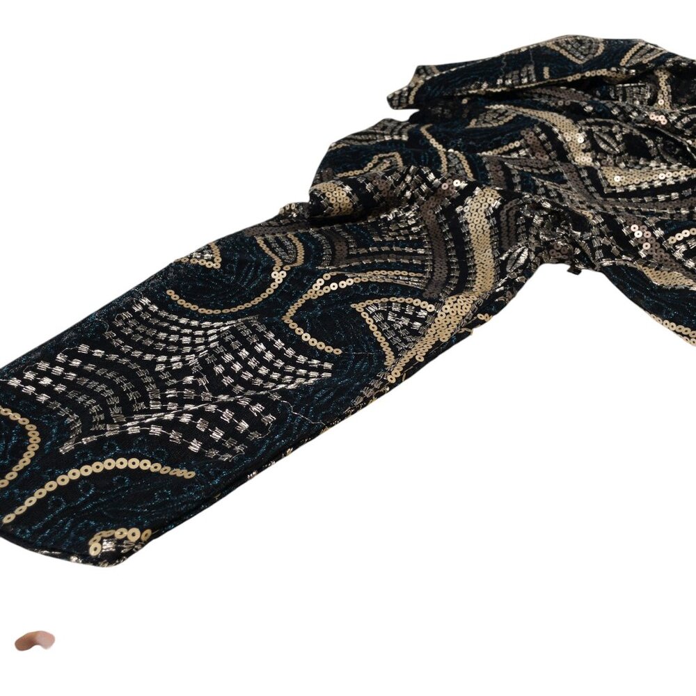 Chico's Sheer Open Jacket Travelers Collection Gold Black Geometric SZ L Sequin - Picture 6 of 11